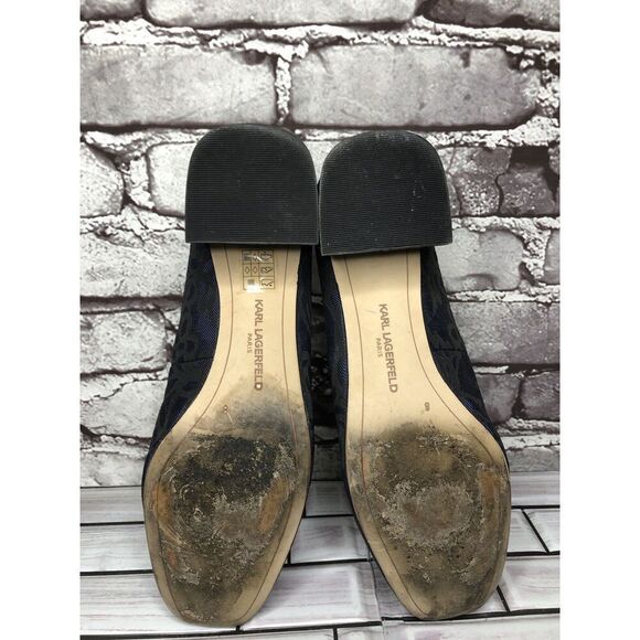 Karl Lagerfeld PARIS Charee Navy Black Floral Fabric Block Heels Women Sz 8M US - Picture 10 of 16